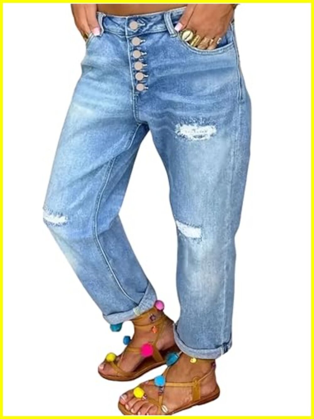 Women's Distressed Boyfriend Jeans High Waisted Button Fly Relaxed Fit Straight